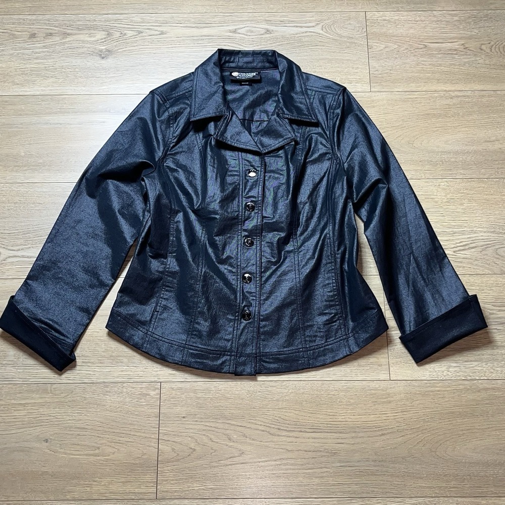Christine Alexander Dark Navy Blue Denim Jacket Y2K Sheen Peplum Medium